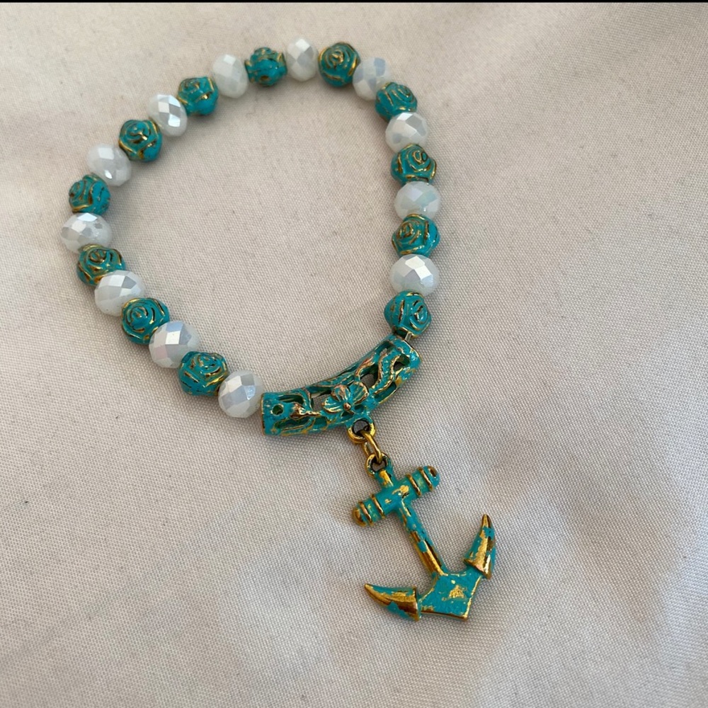 Turquoise and Gold Anchor Stretch Bracelet